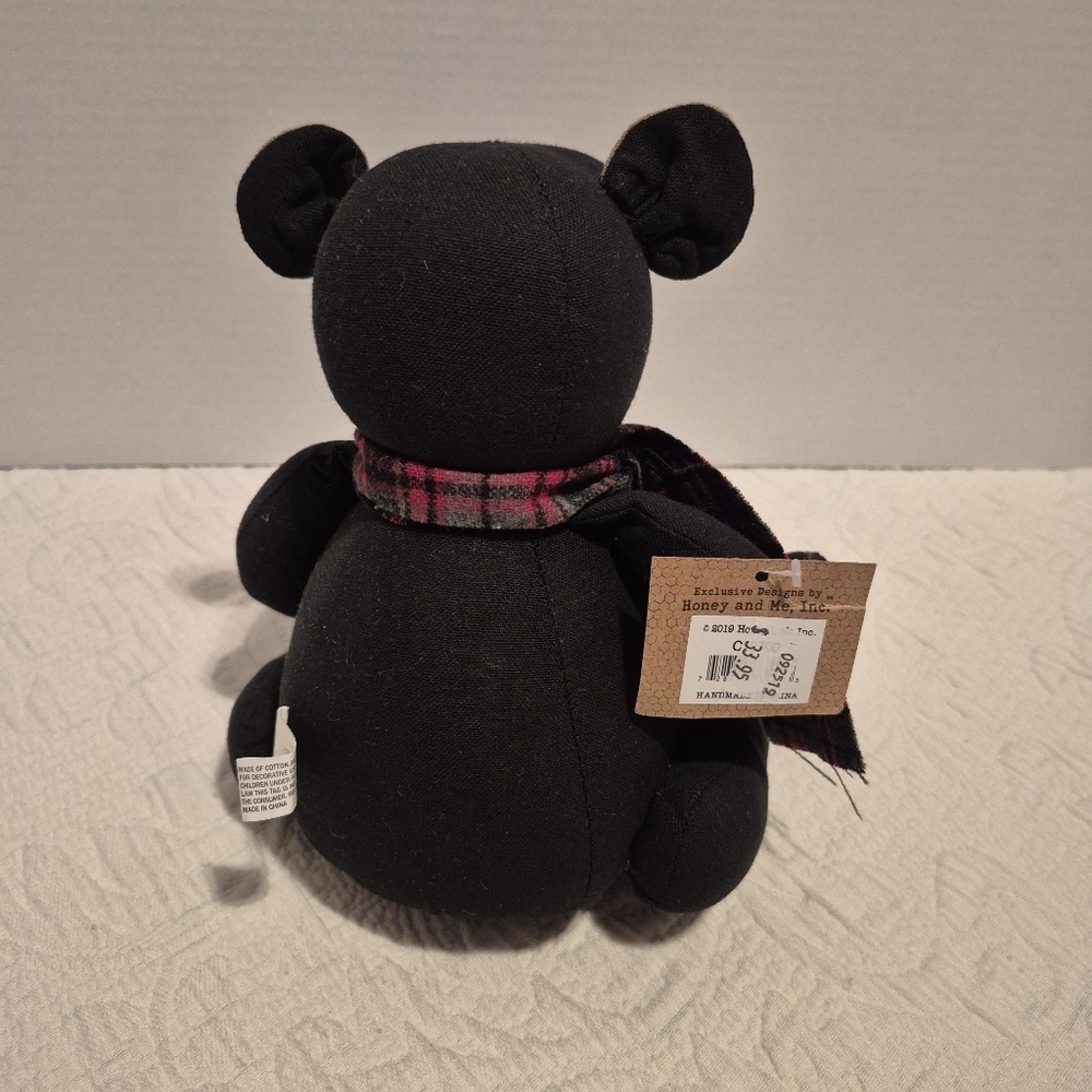 Honey & Me Inc black Nico bear with plaid scarf, handmade NEW - Picture 3 of 9